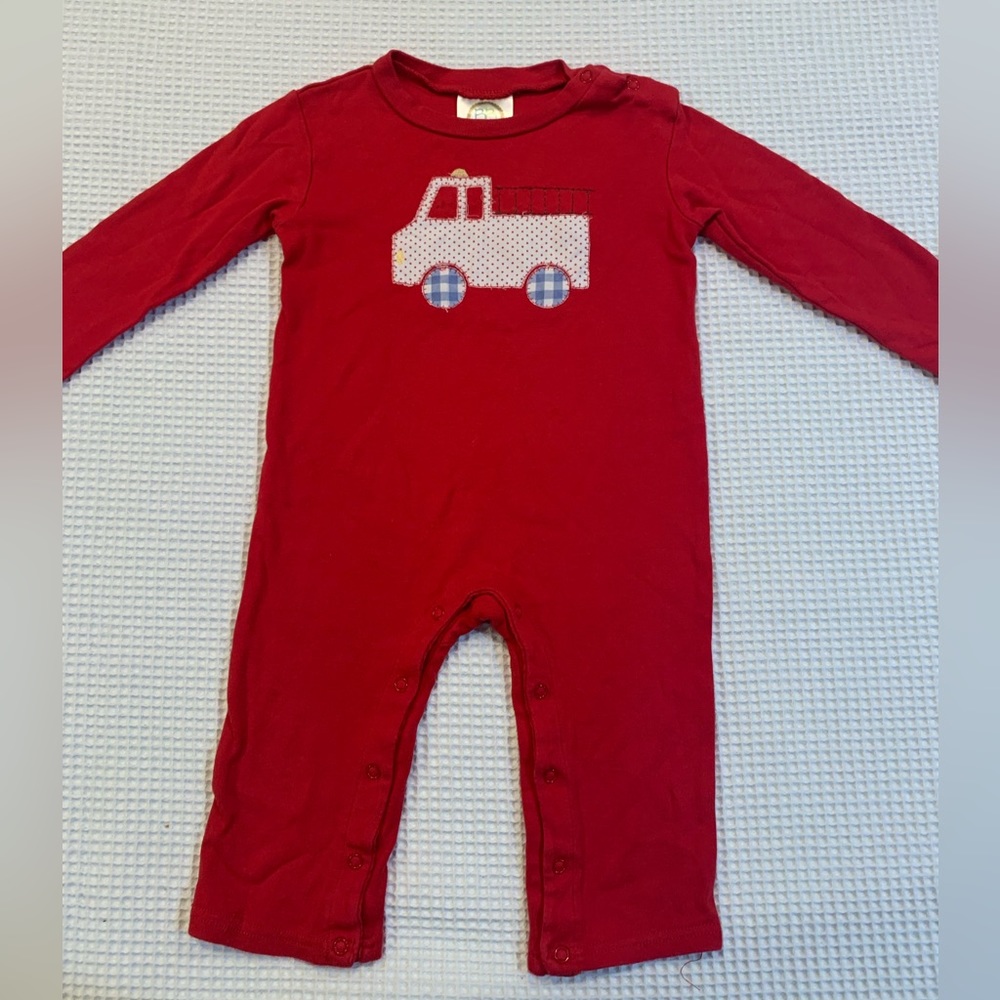 Blanke Boutique Embroidered Firetruck Longall Jon Jon Red 2T Romper